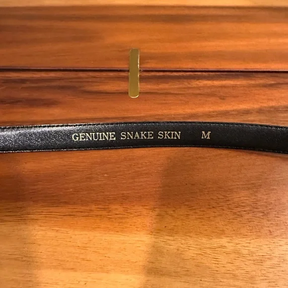 Vintage Genuine Snake Skin Black Leather Belt with Gold Buckle - Picture 4 of 8